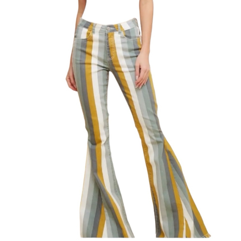 Saints & Hearts Striped Raw Hem Bell Bottom Flare Jeans - Picture 3 of 11